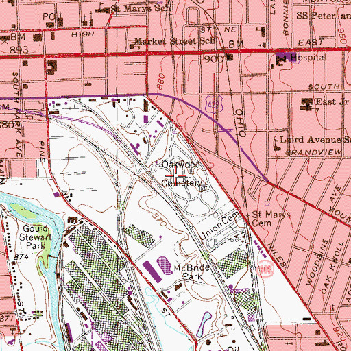 Topographic Map of Oakwood Cemetery, OH