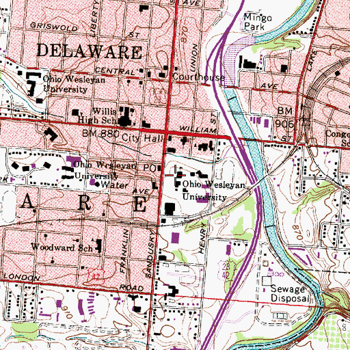 Topographic Map of Ohio Wesleyan University, OH