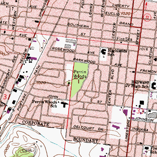 Topographic Map of Perrin Woods, OH