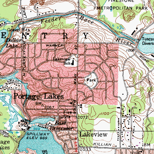 Topographic Map of Portage Lakes, OH