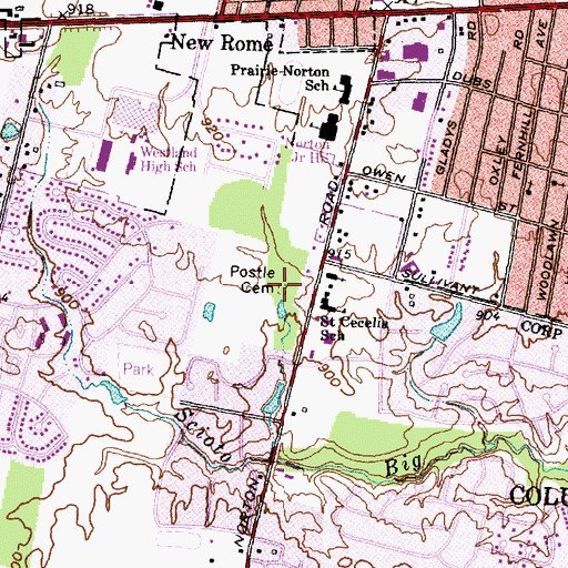 Topographic Map of Postle Cemetery, OH