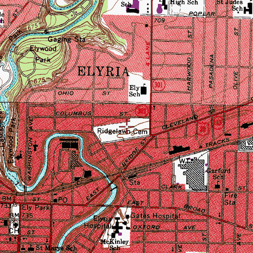 Topographic Map of Ridgelawn Cemetery, OH