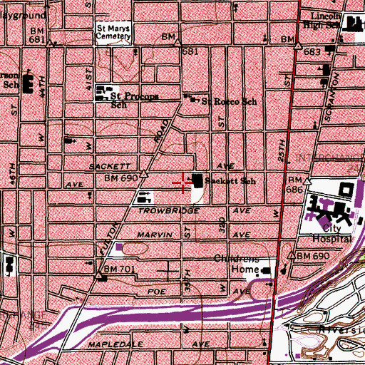 Topographic Map of Sackett School, OH