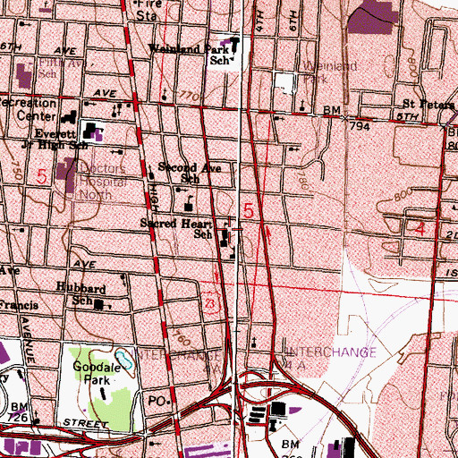 Topographic Map of Sacred Heart School, OH