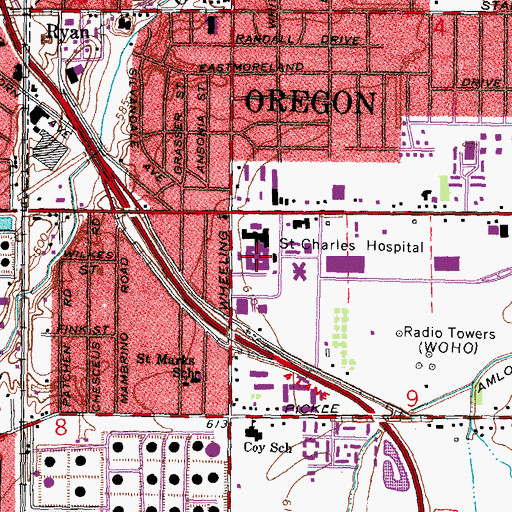Topographic Map of Saint Charles Mercy Hospital, OH