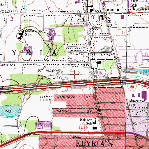 Topographic Map of Saint Marys Cemetery, OH