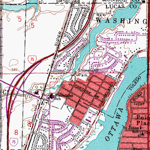 Topographic Map of Shoreland Park, OH