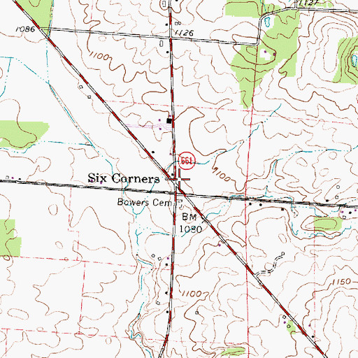 Topographic Map of Six Corners, OH