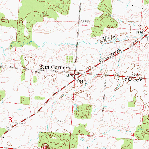 Topographic Map of Tim Corners, OH