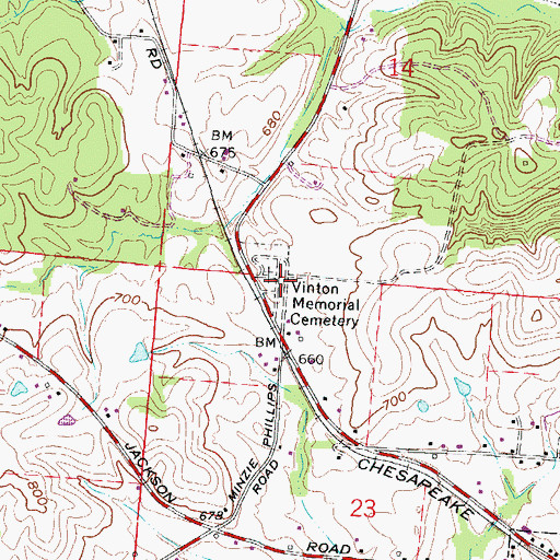 Topographic Map of Vinton Memorial Cemetery, OH