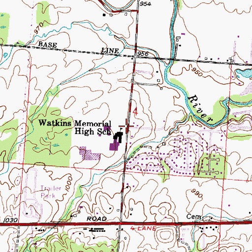 Topographic Map of Watkins Memorial High School, OH