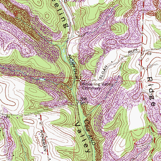 Topographic Map of Wheeling Valley Cemetery, OH