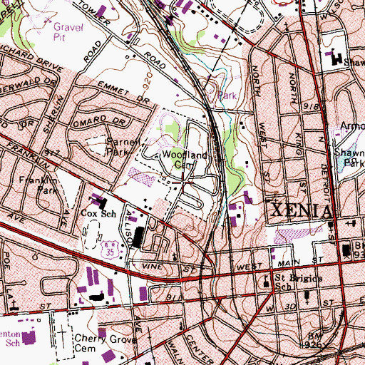 Topographic Map of Woodland Cemetery, OH