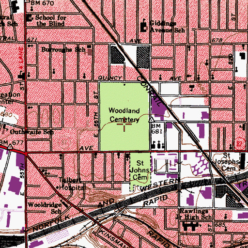 Topographic Map of Woodland Cemetery, OH