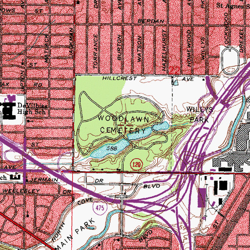 Topographic Map of Woodlawn Cemetery, OH
