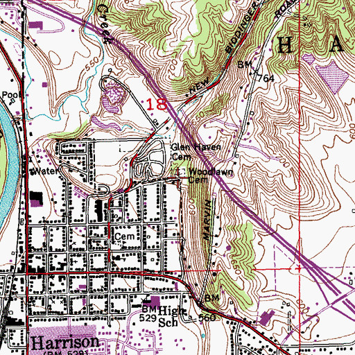 Topographic Map of Woodlawn Cemetery, OH
