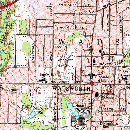 Topographic Map of Woodlawn Cemetery, OH