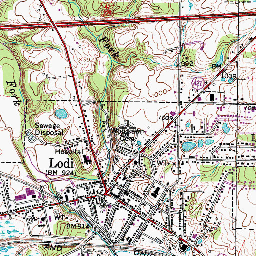 Topographic Map of Woodlawn Cemetery, OH