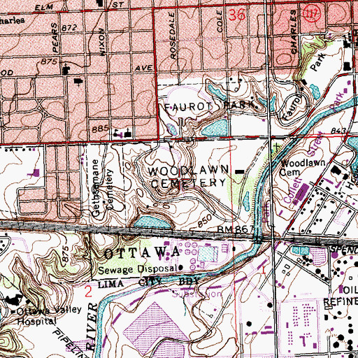Topographic Map of Woodlawn Cemetery, OH