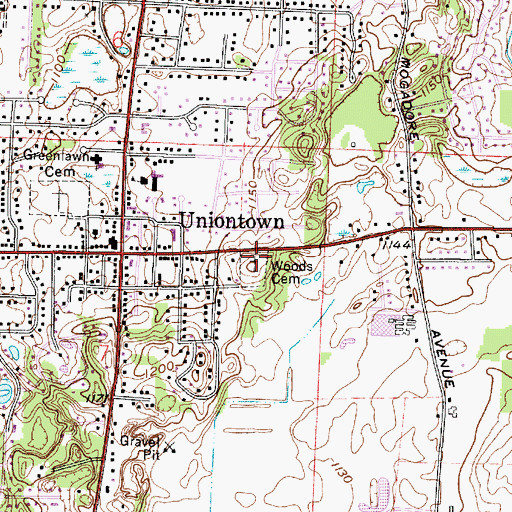 Topographic Map of Woods Cemetery, OH