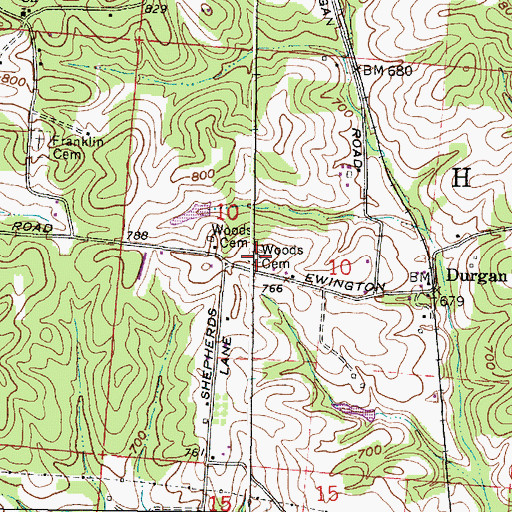 Topographic Map of Woods Cemetery, OH