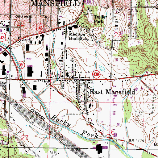 Topographic Map of East Mansfield, OH