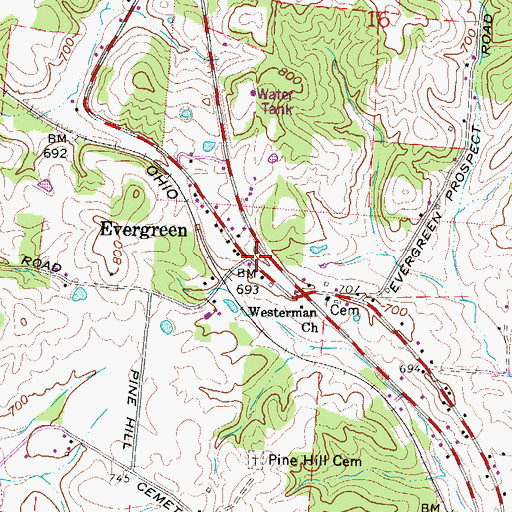 Topographic Map of Evergreen, OH