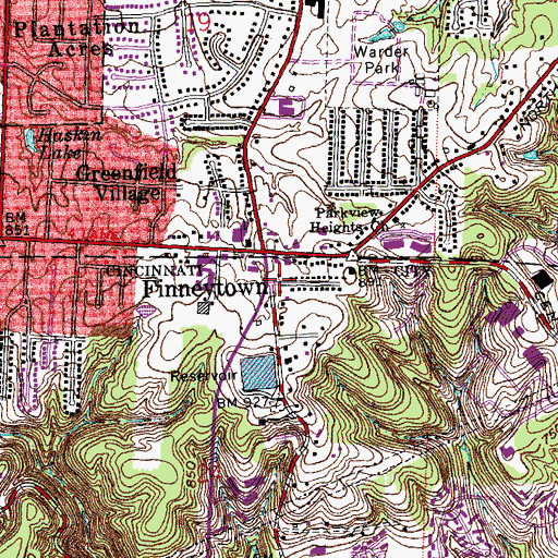 Topographic Map of Finneytown, OH