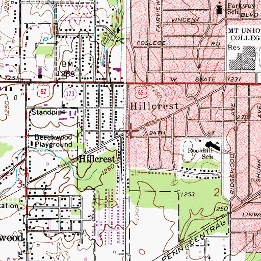 Topographic Map of Hillcrest, OH