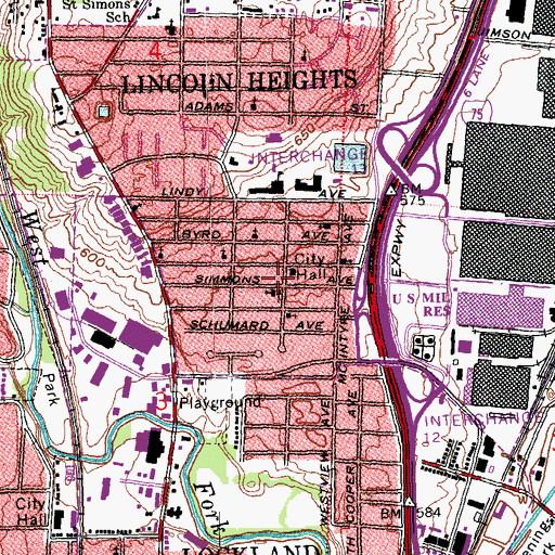 Topographic Map of Lincoln Heights, OH