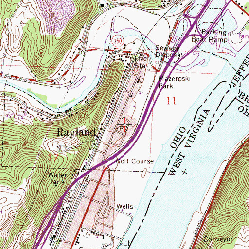 Topographic Map of Rayland, OH