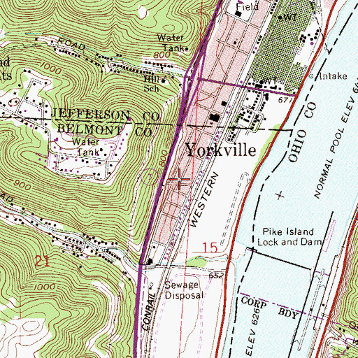 Topographic Map of Yorkville, OH