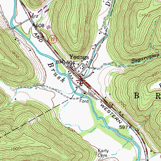 Topographic Map of Youngs, OH