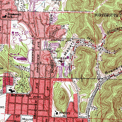 Topographic Map of Portsmouth Mental Receiving Hospital, OH