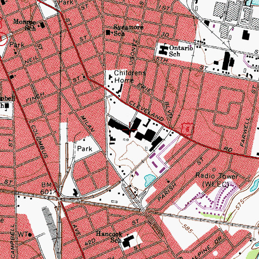Topographic Map of Sandusky Plaza Shopping Center, OH