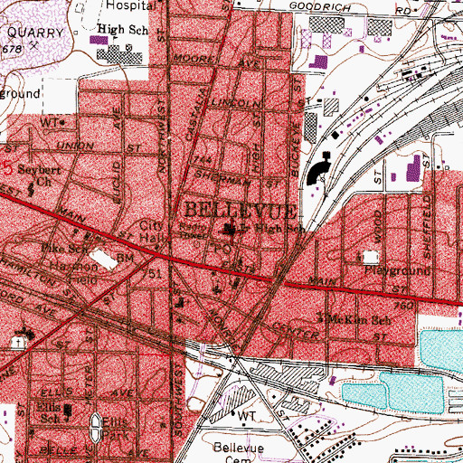 Topographic Map of Bellevue Junior High School, OH