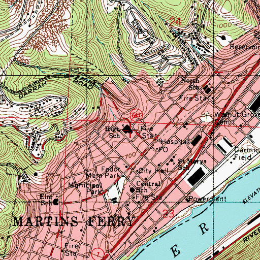 Topographic Map of Martins Ferry High School, OH