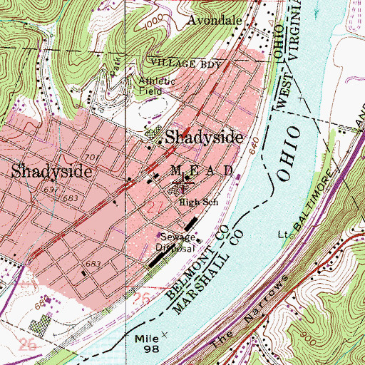 Topographic Map of Shadyside High School, OH