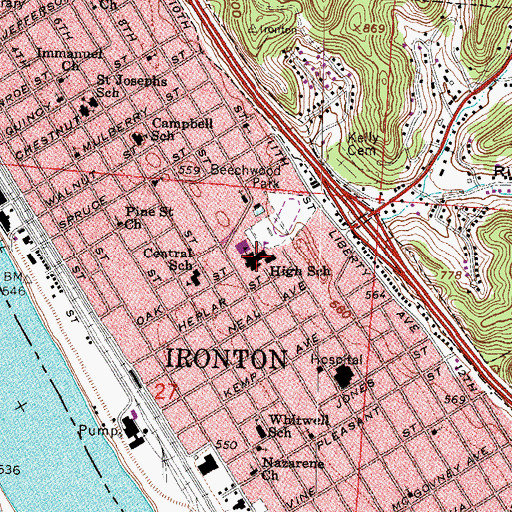 Topographic Map of Ironton High School, OH
