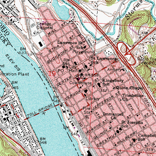 Topographic Map of Lawrence County Courthouse, OH