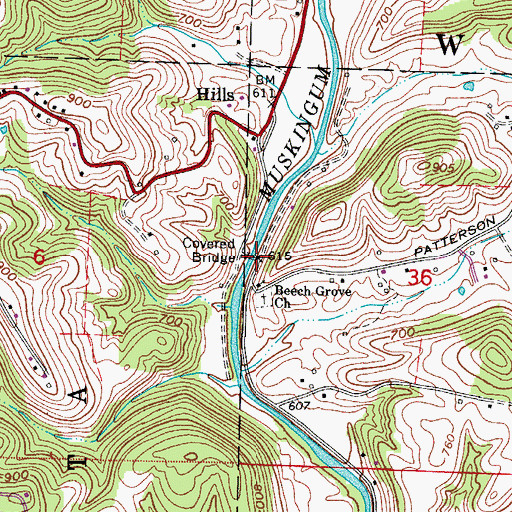 Topographic Map of Hills Hildreth Bridge, OH