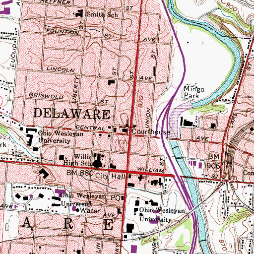 Topographic Map of Delaware County Courthouse, OH