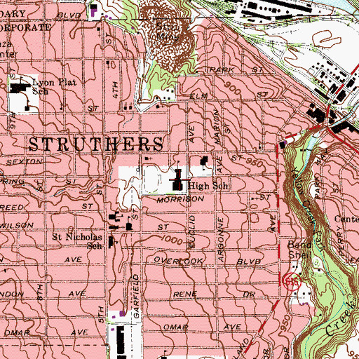 Topographic Map of Struthers High School, OH