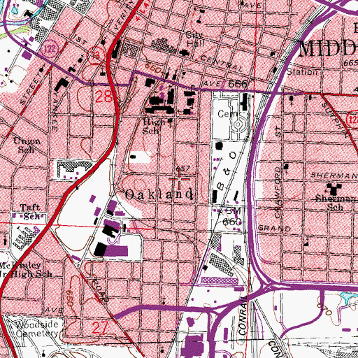 Topographic Map of Oakland Park, OH