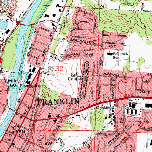 Topographic Map of Franklin Golf Course, OH