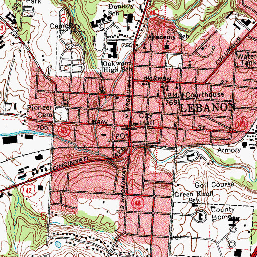 Topographic Map of Lebanon Public Library, OH