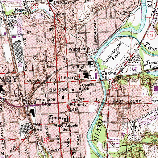 Topographic Map of Amos Memorial Library, OH