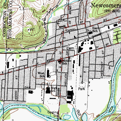 Topographic Map of Newcomerstown Middle School, OH