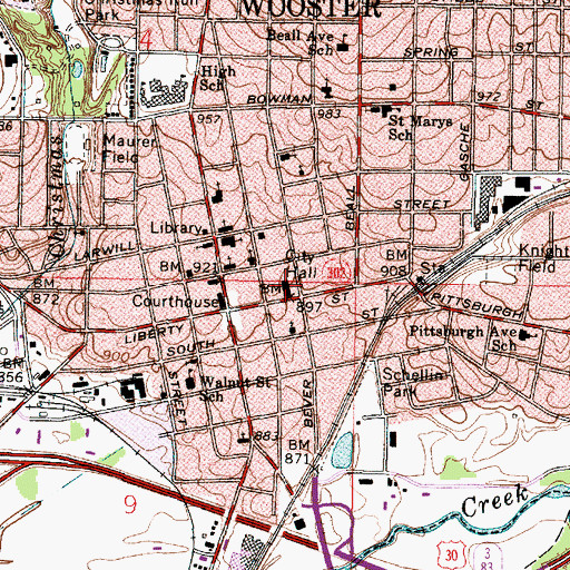Topographic Map of Wooster City Hall, OH