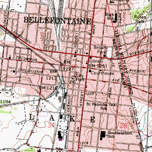 Topographic Map of Bellefontaine City Hall, OH